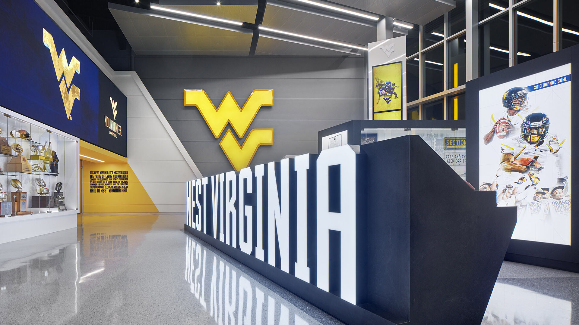 Large lighted dimensional letters at the West Virginia Football Hall of Traditions