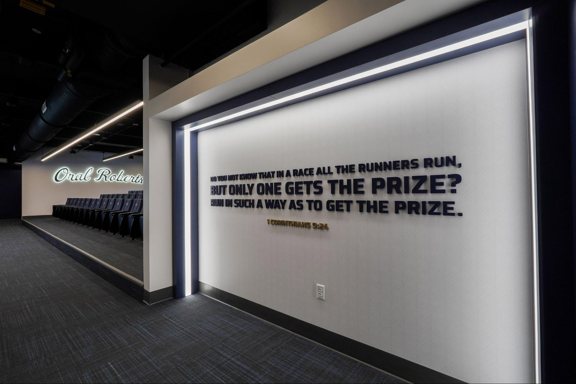 Oral Roberts University Athletic Center Quote Wall and Seating Area